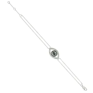 14k White Gold Chain Natural White & Black Diamond Evil Eye Charm Bracelet
