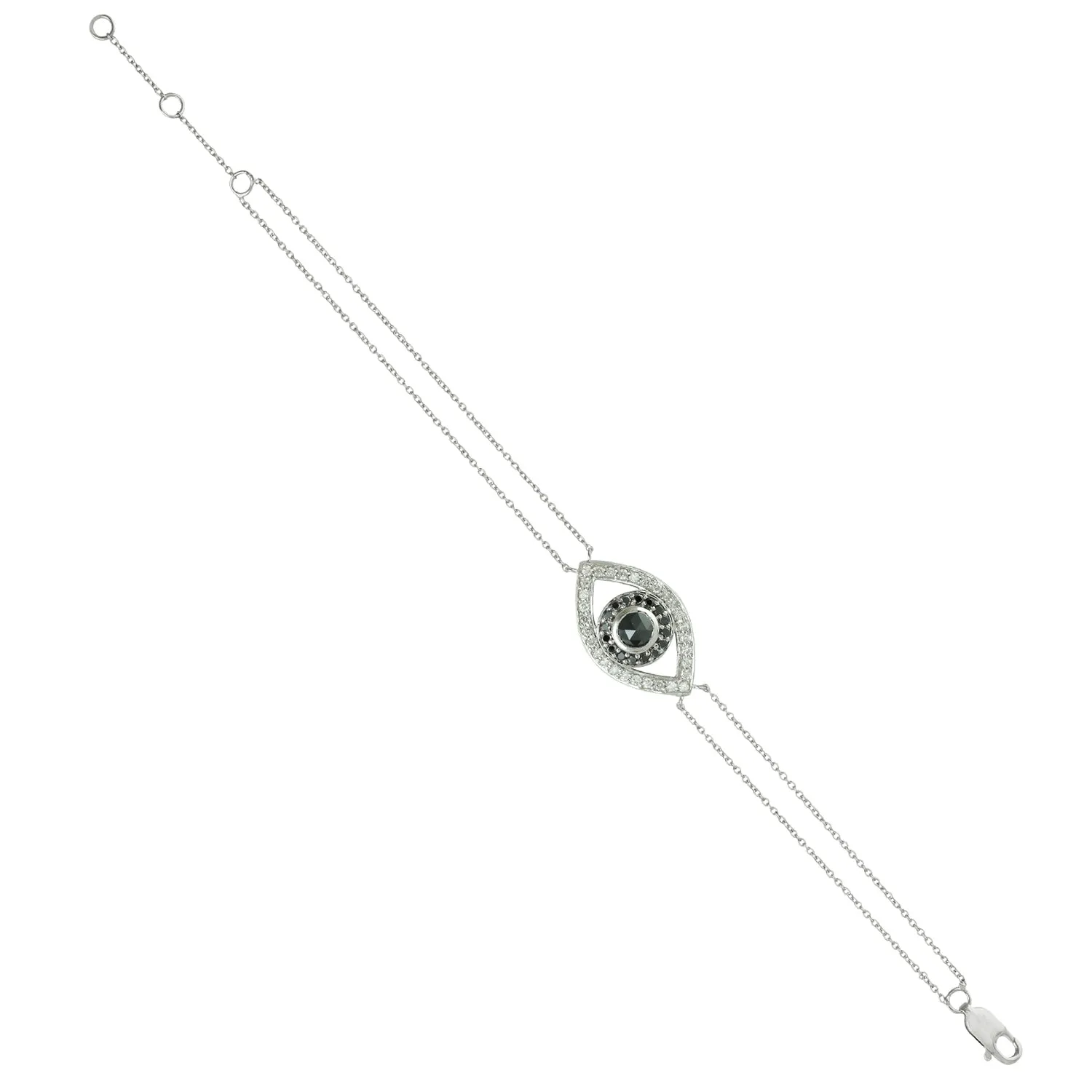 14k White Gold Chain Natural White & Black Diamond Evil Eye Charm Bracelet
