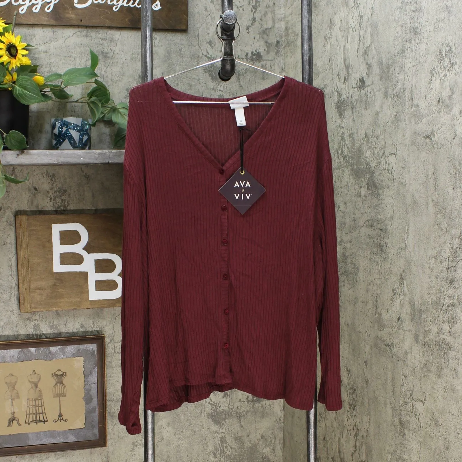 Ava & Viv Women's Plus Size Long Sleeve V-Neck Ribbed Button Front Cardigan
