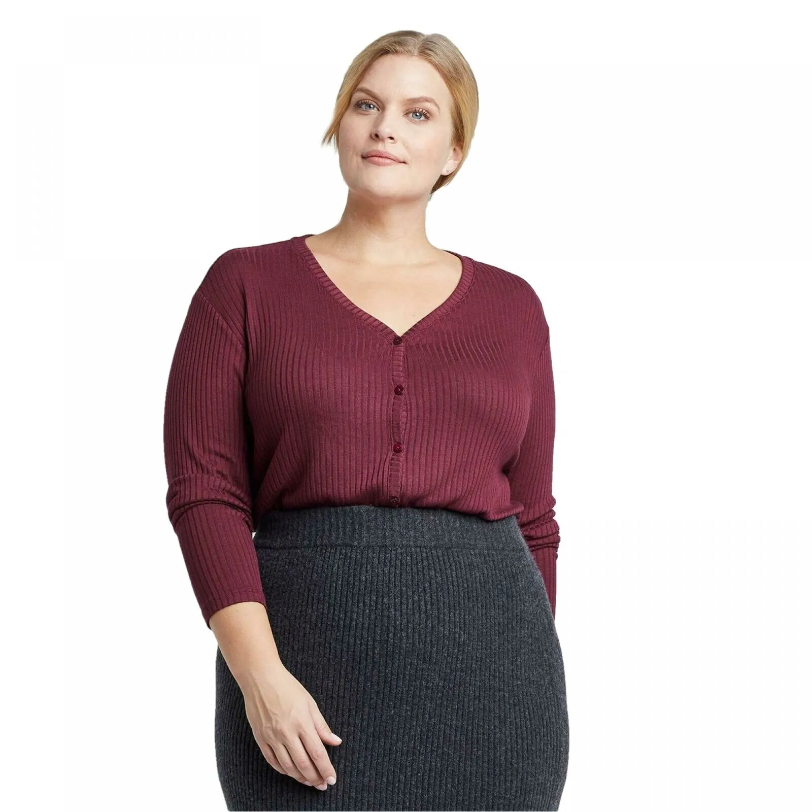 Ava & Viv Women's Plus Size Long Sleeve V-Neck Ribbed Button Front Cardigan