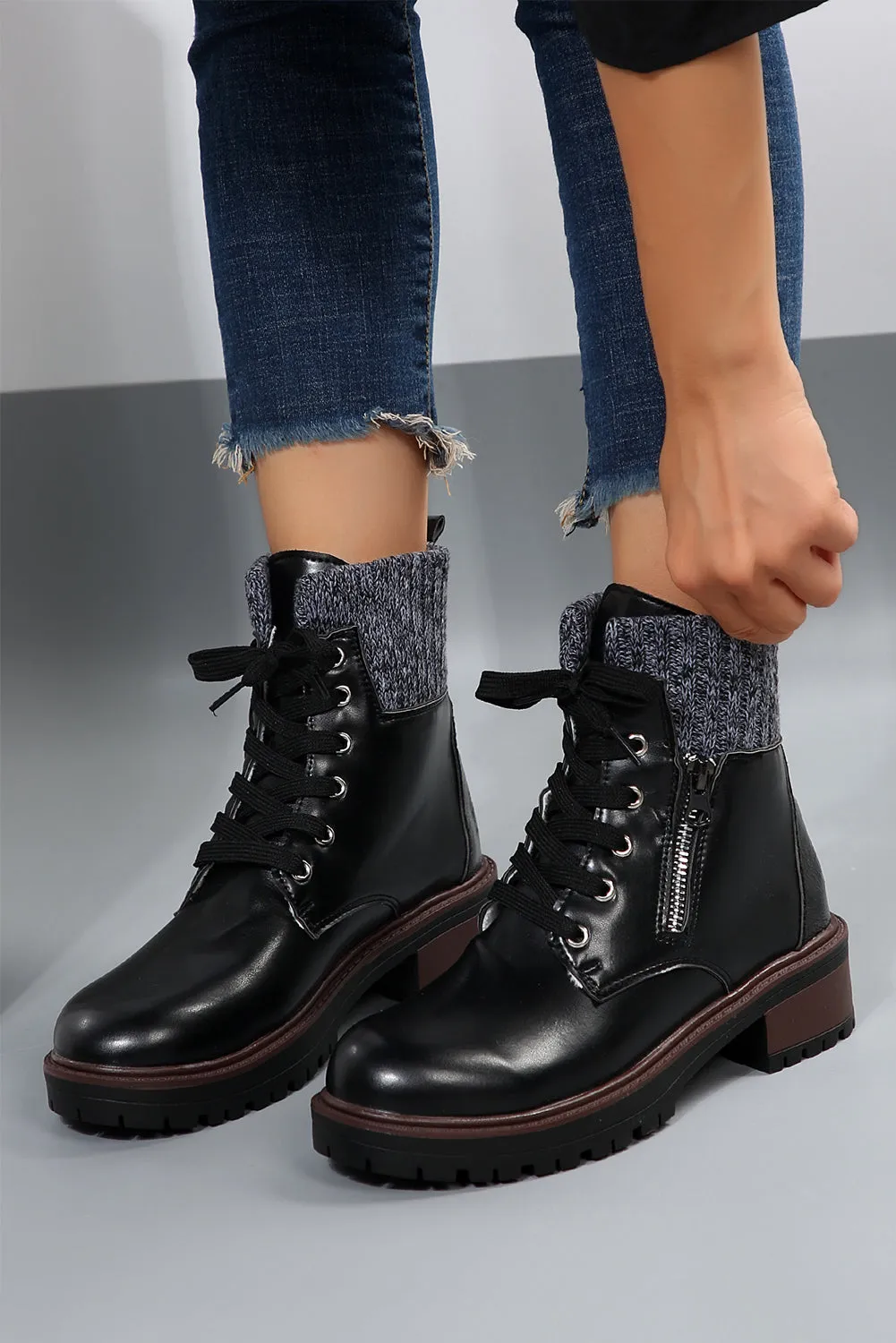 Beige Knitted Patched Lace-up Heeled Ankle Boots