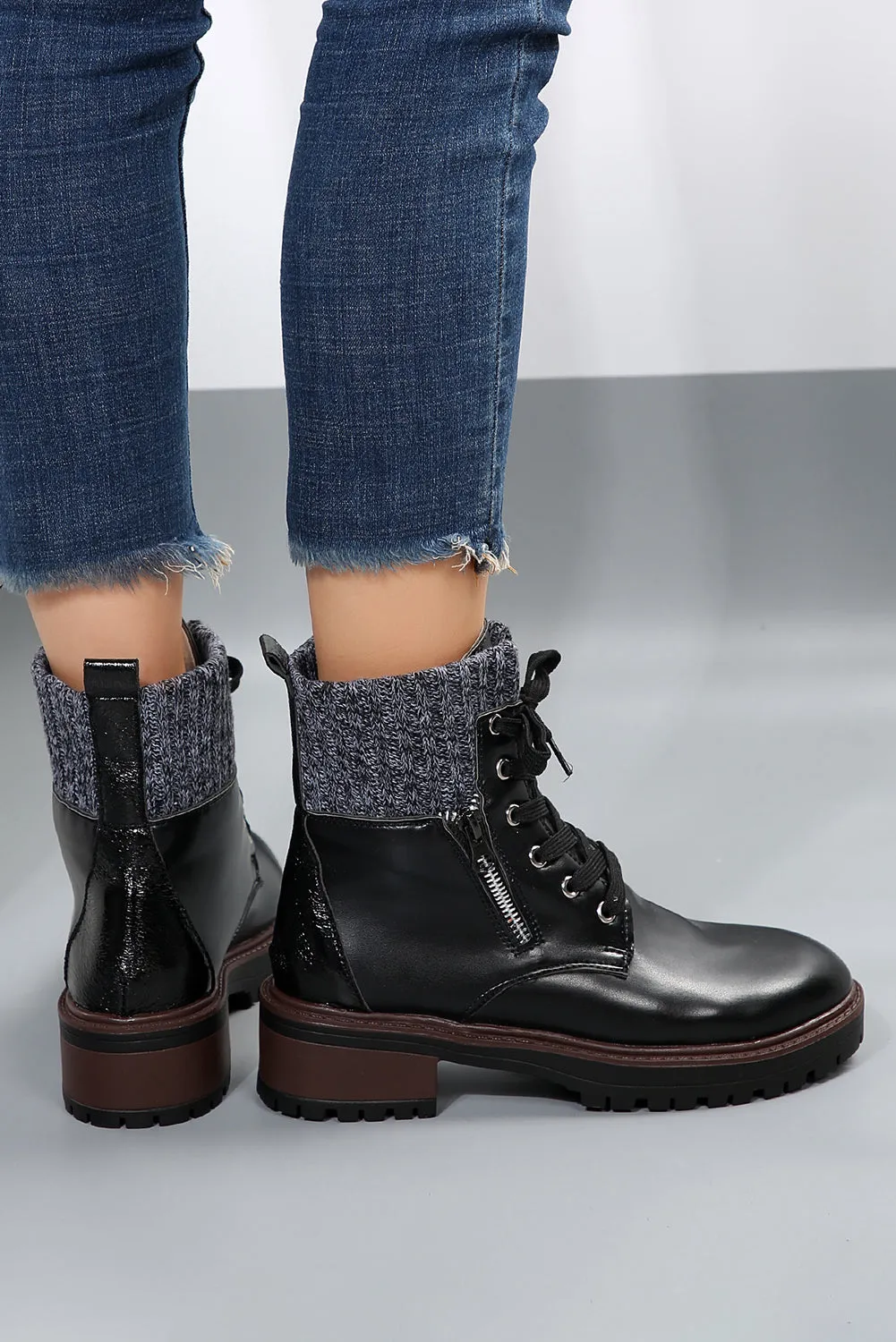 Beige Knitted Patched Lace-up Heeled Ankle Boots