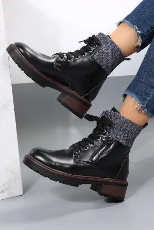 Beige Knitted Patched Lace-up Heeled Ankle Boots