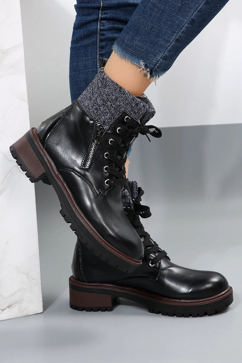 Beige Knitted Patched Lace-up Heeled Ankle Boots
