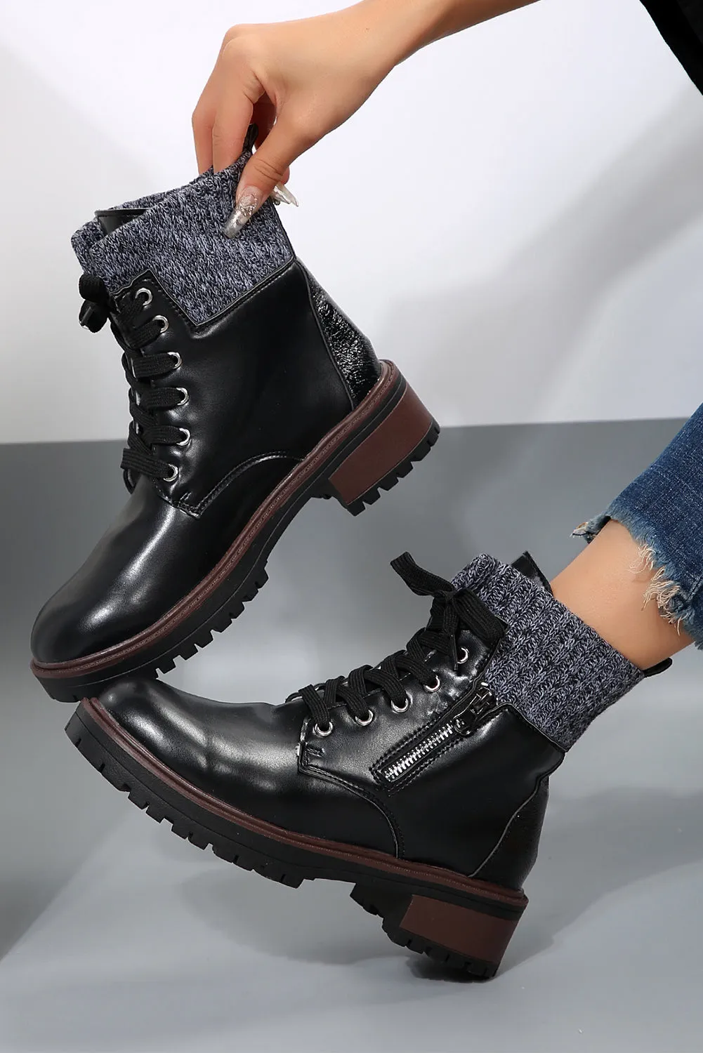 Beige Knitted Patched Lace-up Heeled Ankle Boots