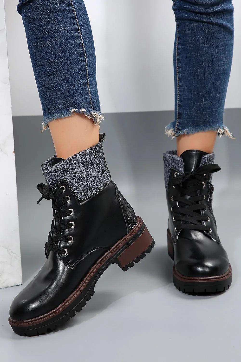 Beige Knitted Patched Lace-up Heeled Ankle Boots