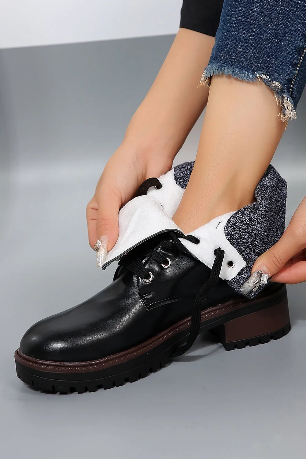 Beige Knitted Patched Lace-up Heeled Ankle Boots