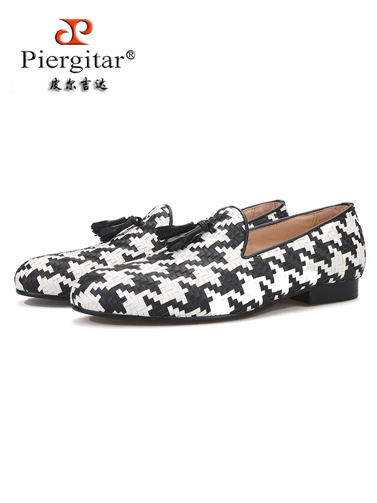Black and white woven genuine leather men's slip-on formal loafers European and American banquet slip-on tassel shoes trendy men's beanie shoes