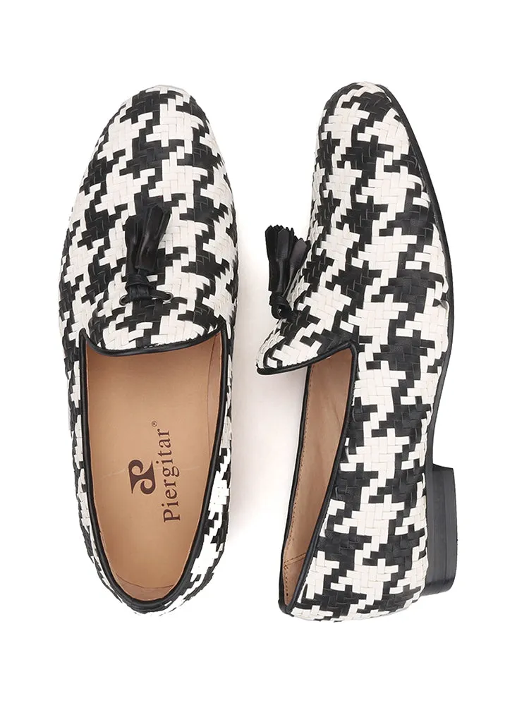 Black and white woven genuine leather men's slip-on formal loafers European and American banquet slip-on tassel shoes trendy men's beanie shoes