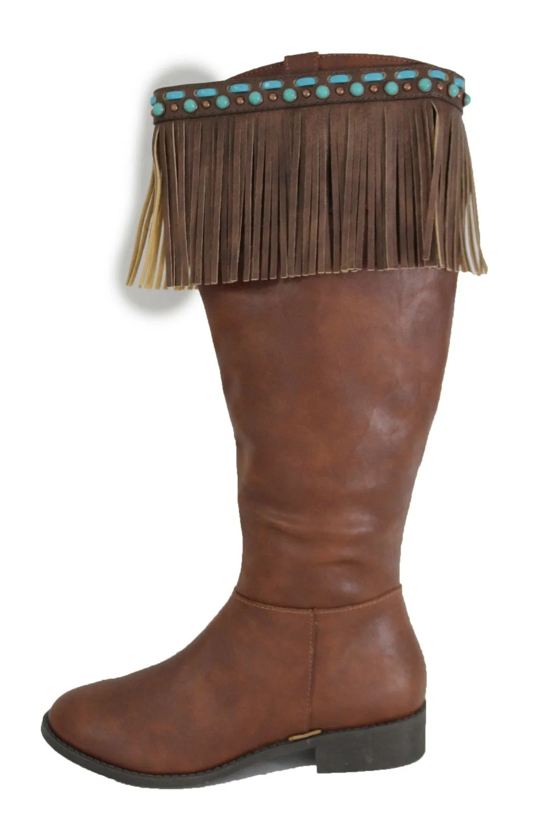 Black Brown Leather Long Fringes Turquoise Blue Beads Western Pair Boots Toppers