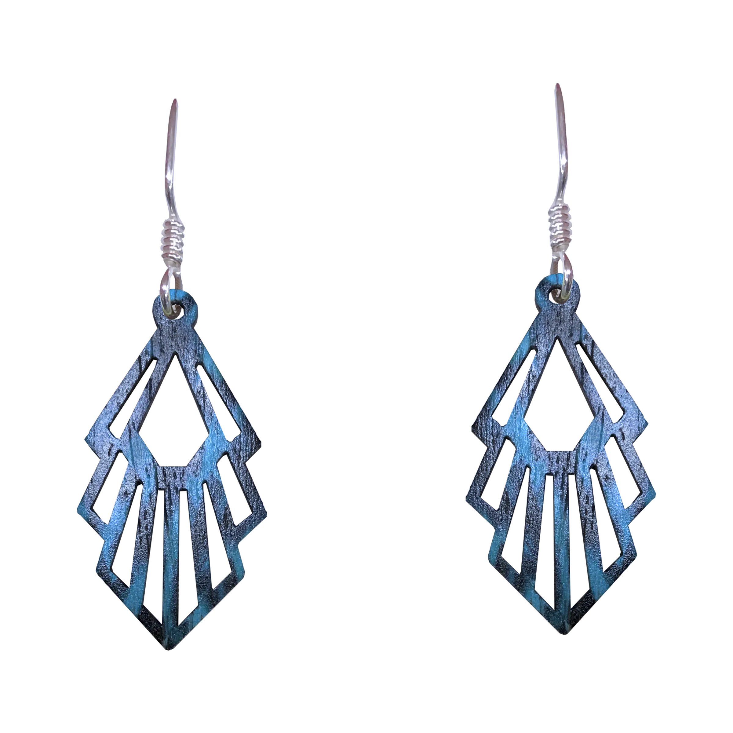 Blue & Black Abstract, Geometric Wood Earrings, Sterling Silver Earwires, Made in the U.S.A.