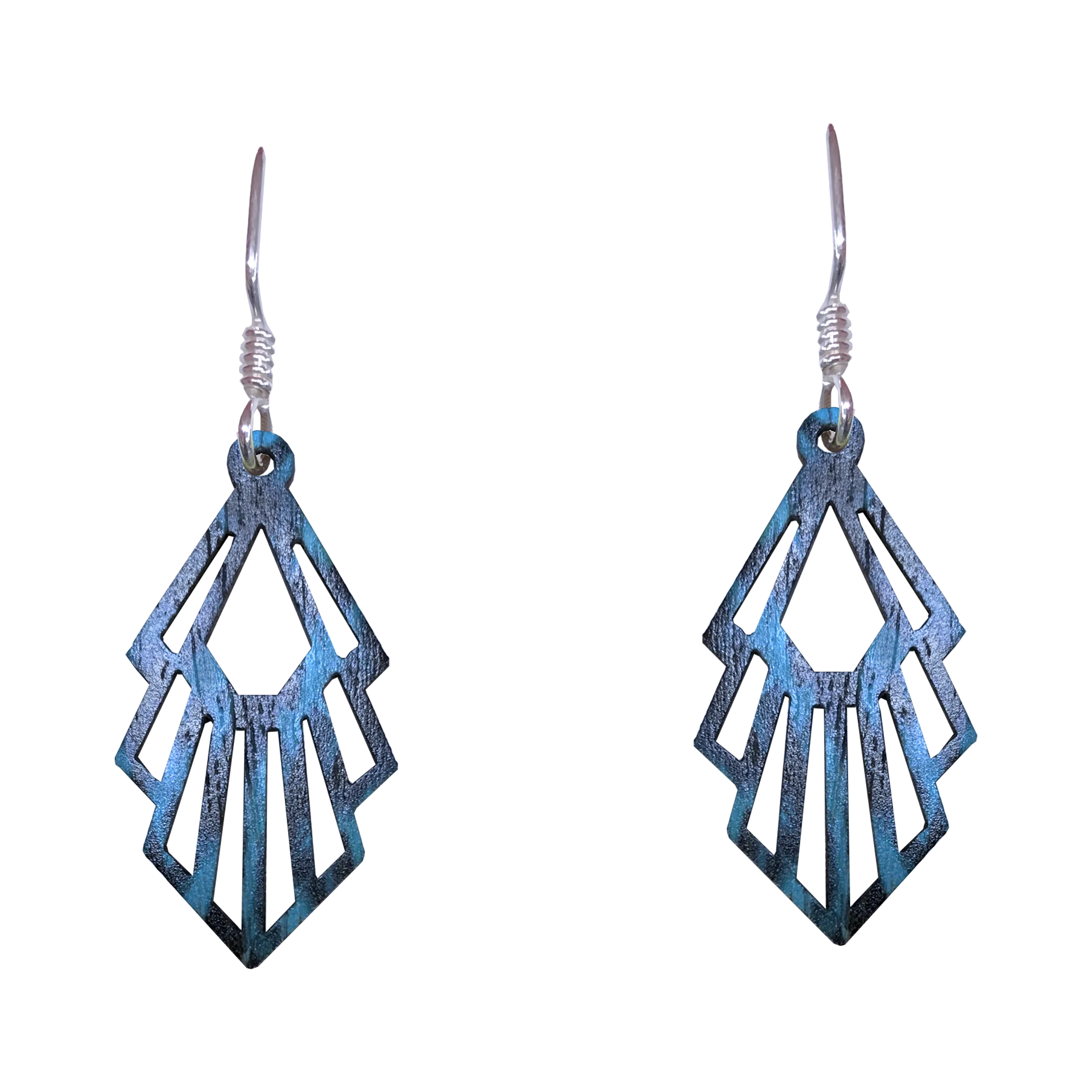 Blue & Black Abstract, Geometric Wood Earrings, Sterling Silver Earwires, Made in the U.S.A.