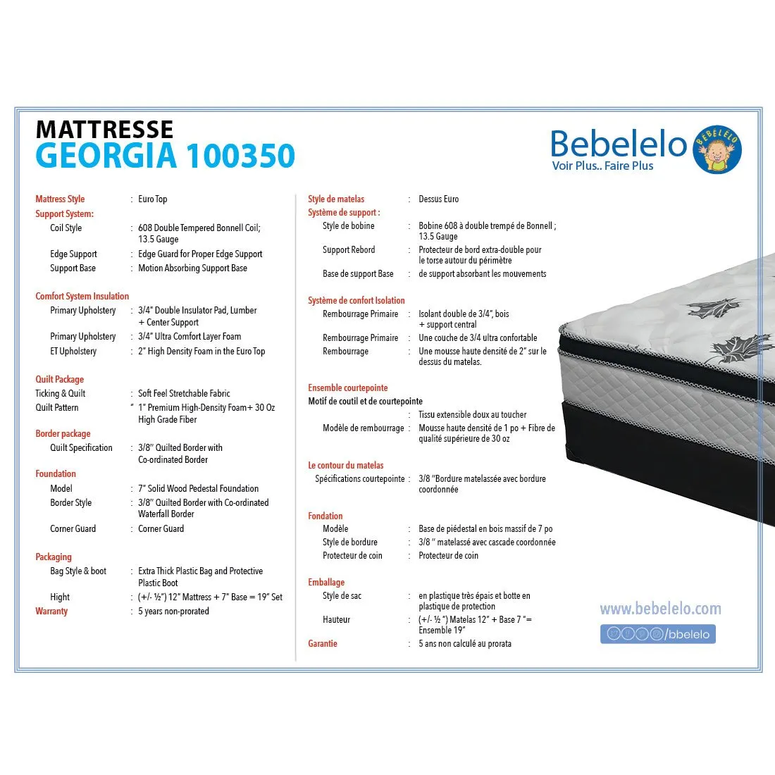 Boobeyeh georgia twin mattress and box spring set - 19 inch durable coils