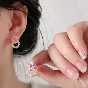 Chic Enamel Pink Rose Pearl Chain Earrings
