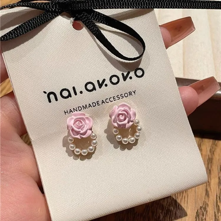 Chic Enamel Pink Rose Pearl Chain Earrings