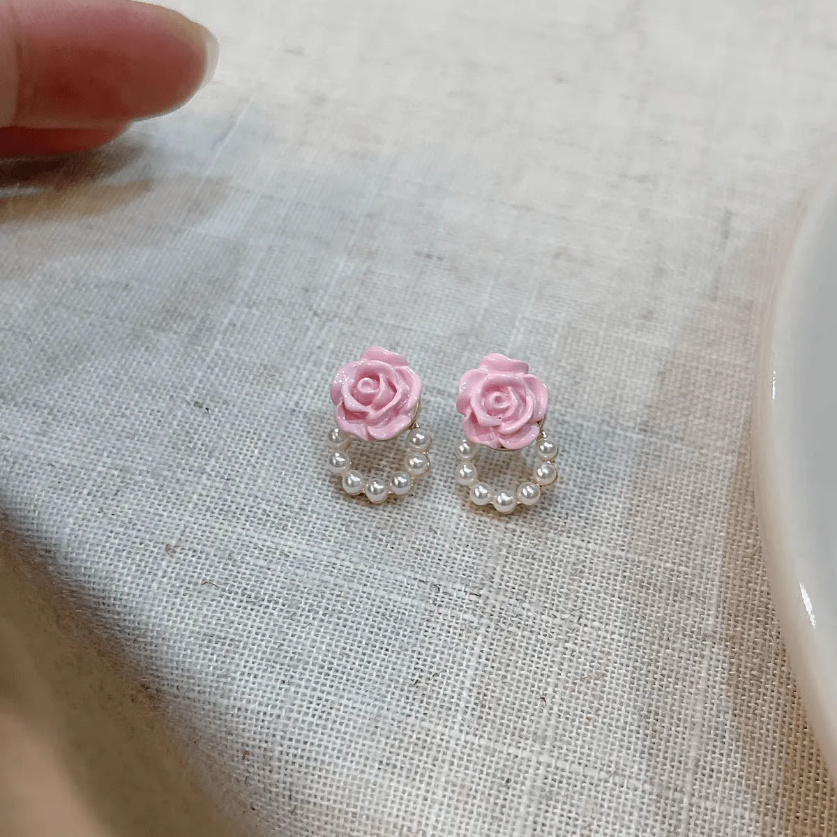 Chic Enamel Pink Rose Pearl Chain Earrings