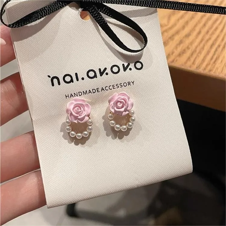Chic Enamel Pink Rose Pearl Chain Earrings