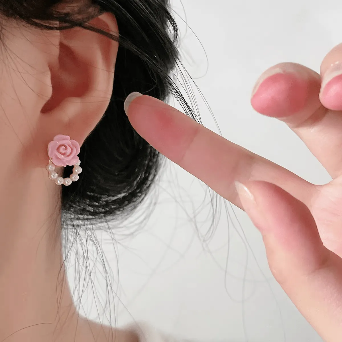 Chic Enamel Pink Rose Pearl Chain Earrings