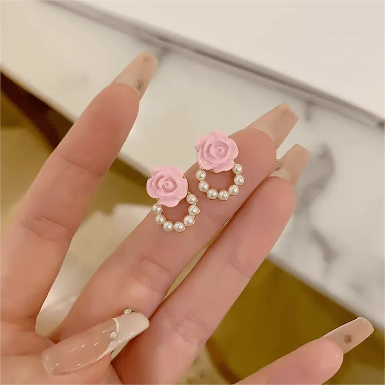 Chic Enamel Pink Rose Pearl Chain Earrings