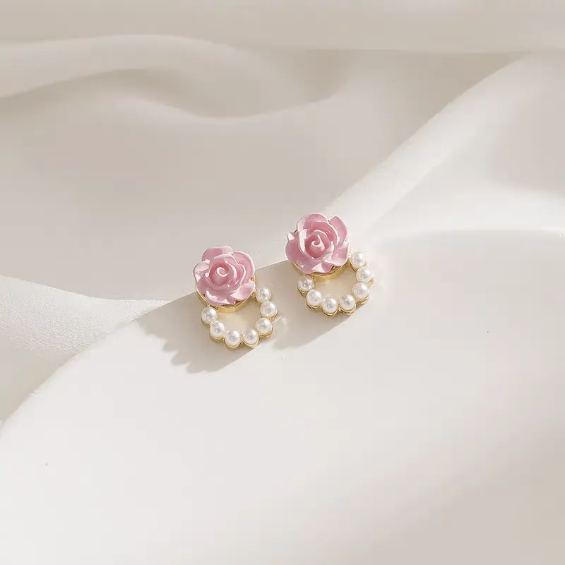 Chic Enamel Pink Rose Pearl Chain Earrings