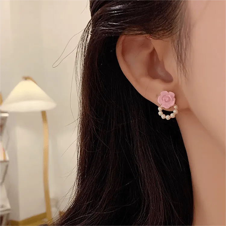 Chic Enamel Pink Rose Pearl Chain Earrings