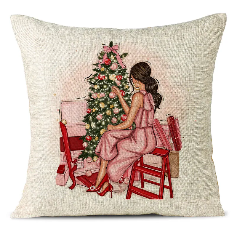 Christmas Themed Linen Pillowcase