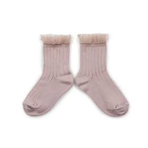 Collegien Margaux Tulle Frill Ribbed Ankle Socks, Vieux Rose