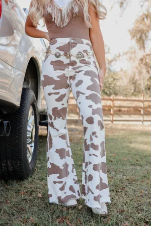 Costilla Cow Print Flare Pants - Brown