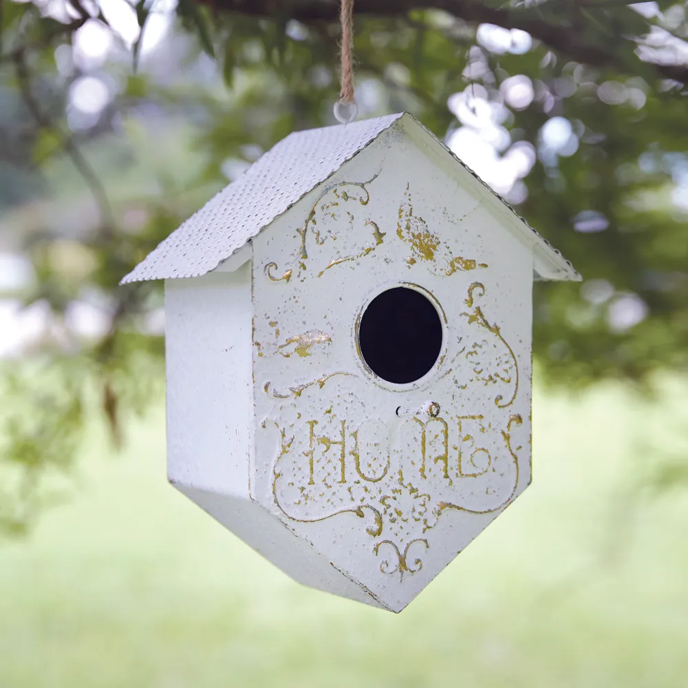 Cottage chic distressed white birdhouse
