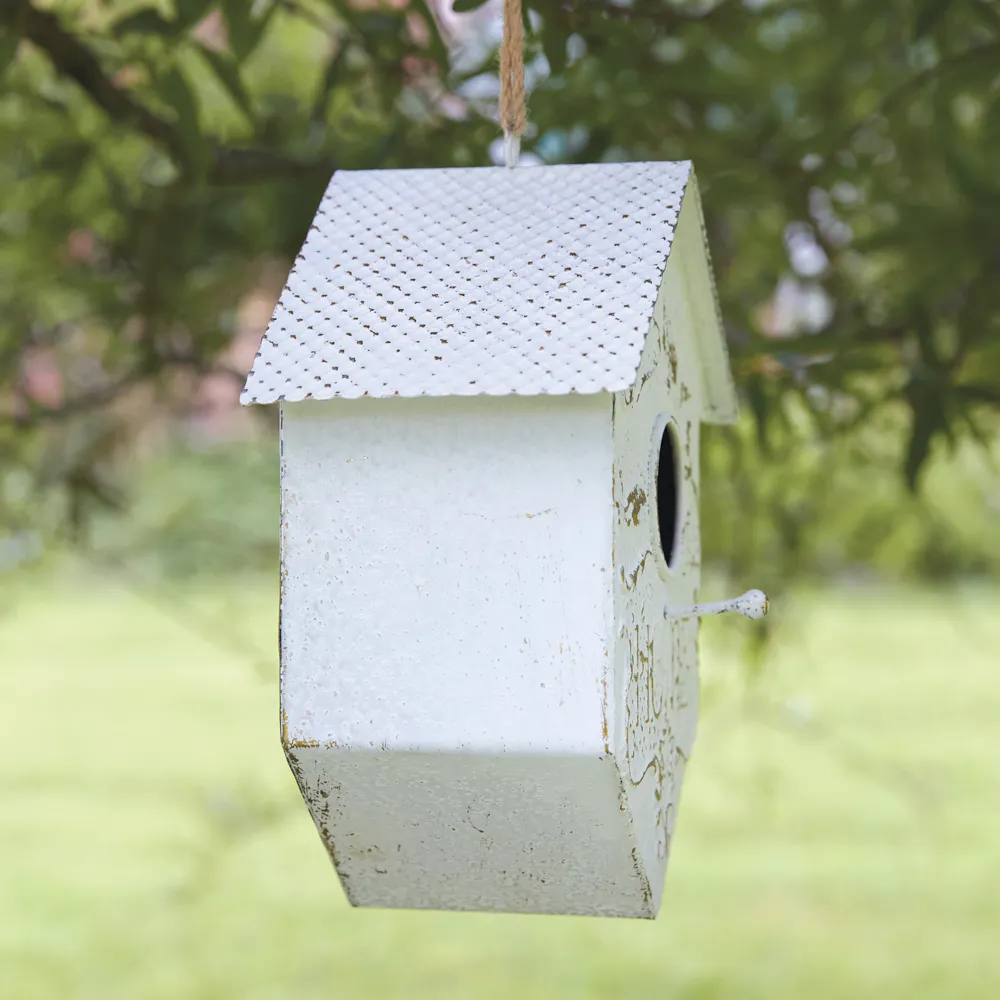 Cottage chic distressed white birdhouse