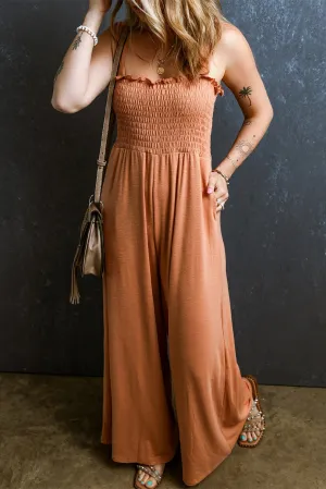 Dusty Pink Ruffled Shirred Wide Leg Sleeveless Jumpsuit