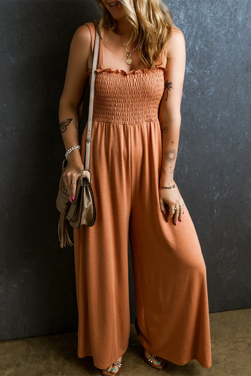 Dusty Pink Ruffled Shirred Wide Leg Sleeveless Jumpsuit