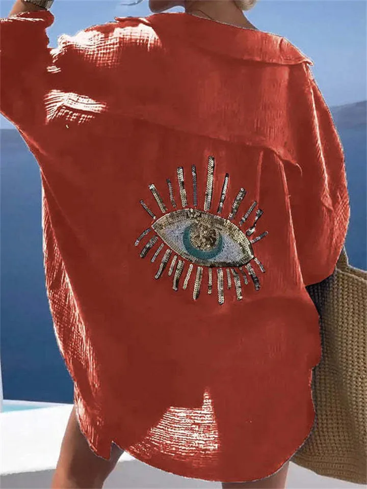 Evil Eye Sequin Embroidery Cozy Vacation Shirts for Women