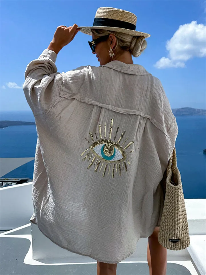 Evil Eye Sequin Embroidery Cozy Vacation Shirts for Women