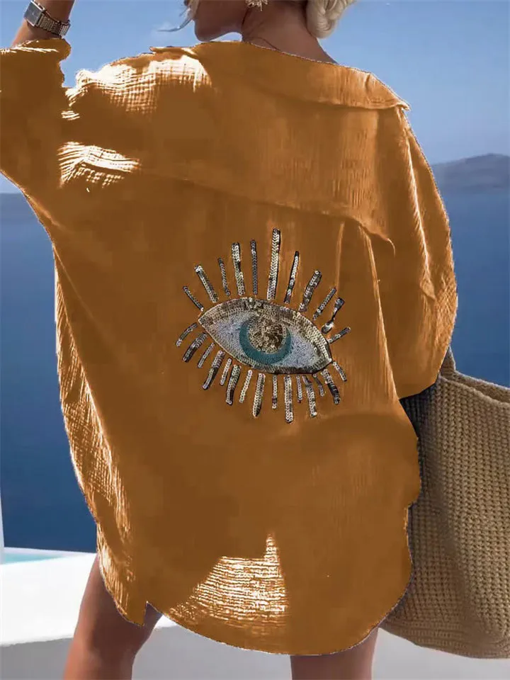 Evil Eye Sequin Embroidery Cozy Vacation Shirts for Women