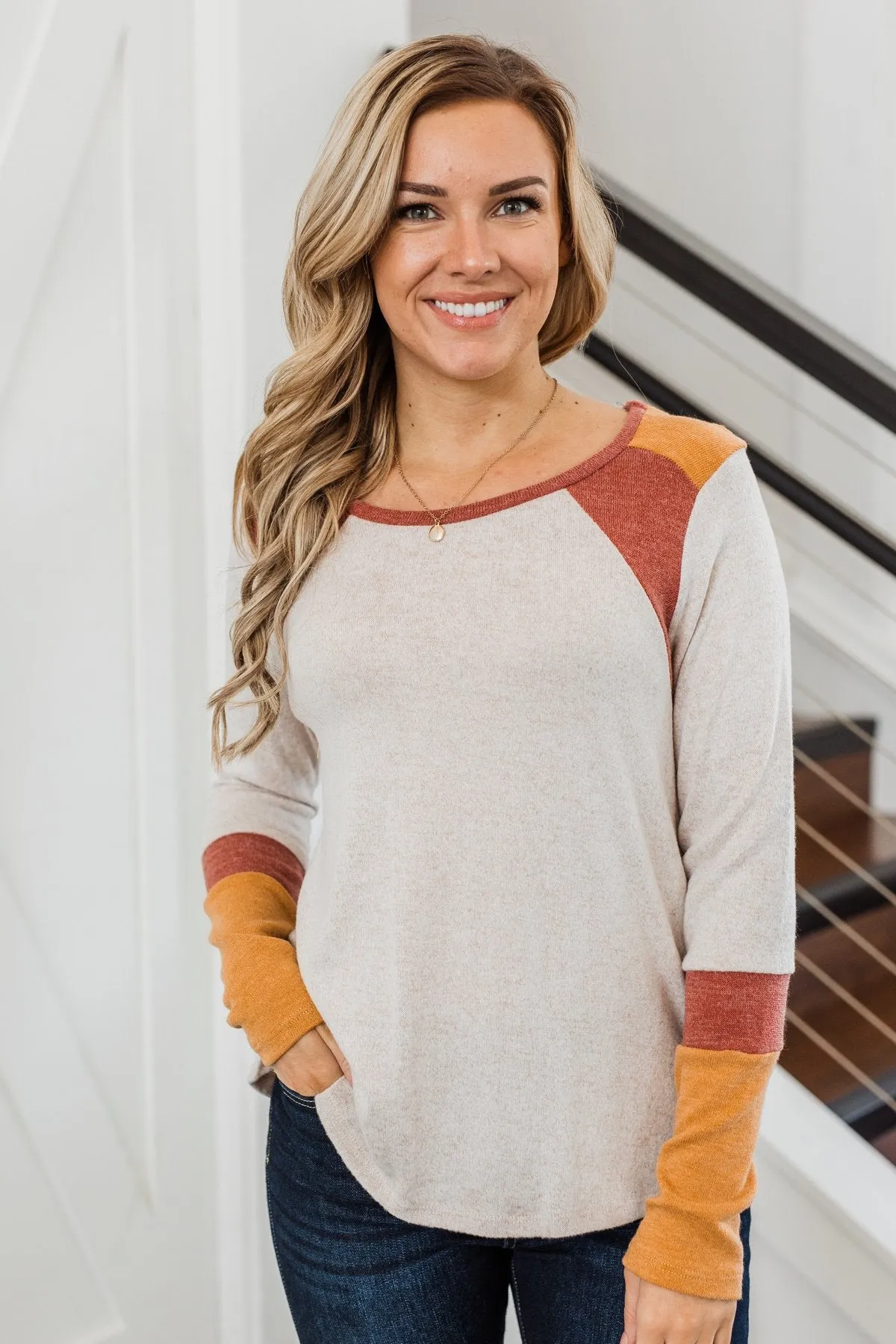 Fall Frenzy Long Sleeve Top- Oatmeal, Burnt Orange, & Rust