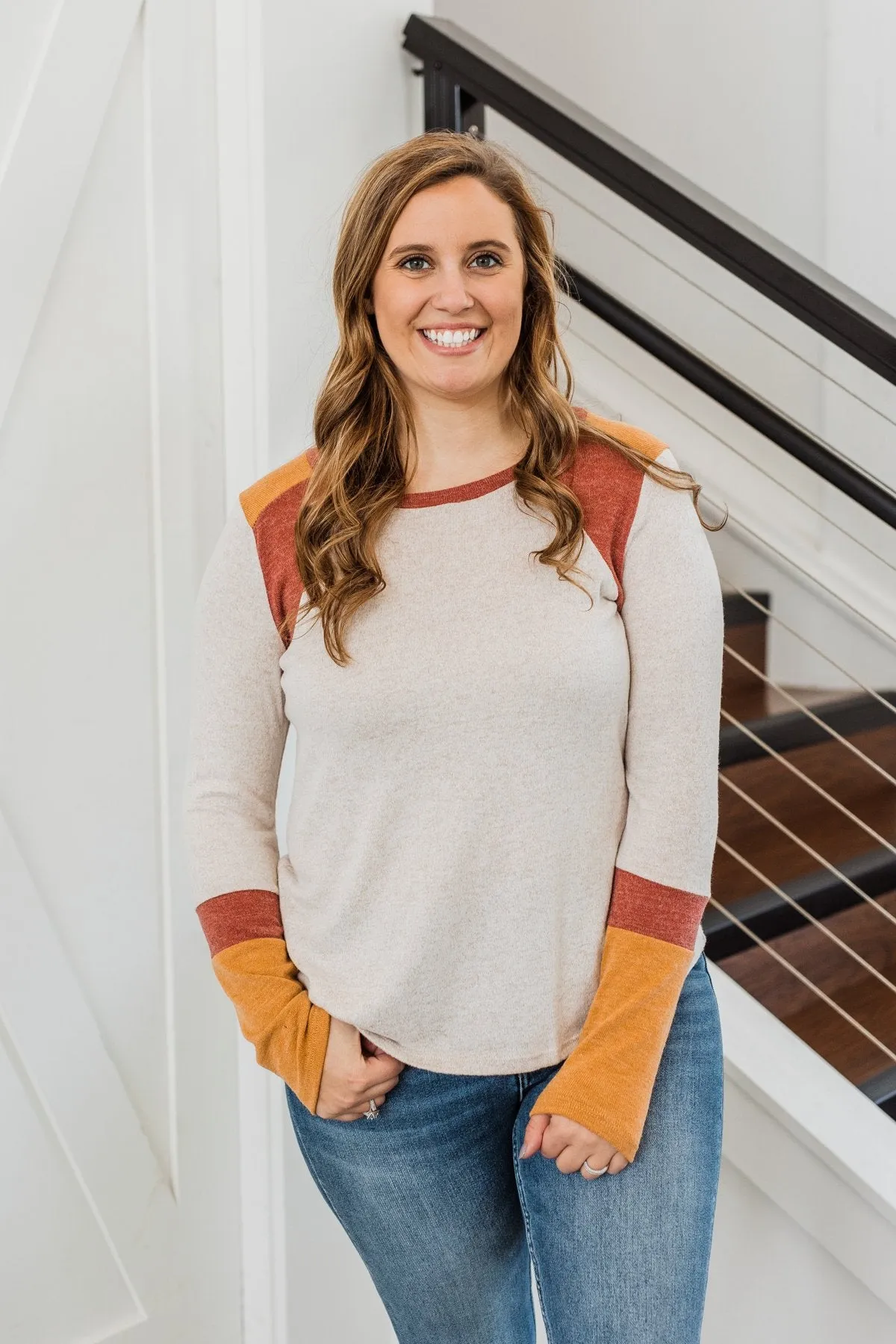 Fall Frenzy Long Sleeve Top- Oatmeal, Burnt Orange, & Rust