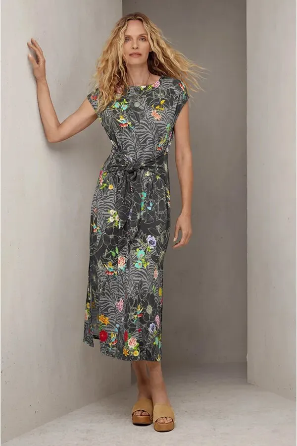 Johnny Was Zippy Tie Dress Flower Front Knit Floral Long Grey Dress XL Black NEW