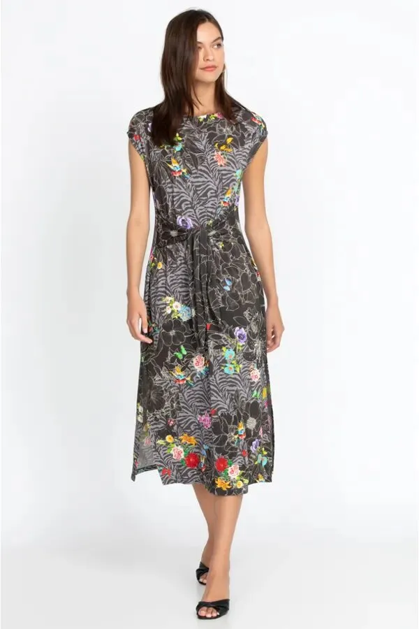 Johnny Was Zippy Tie Dress Flower Front Knit Floral Long Grey Dress XL Black NEW