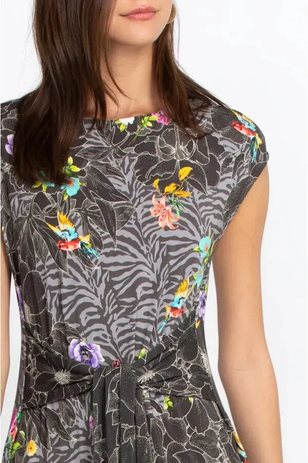 Johnny Was Zippy Tie Dress Flower Front Knit Floral Long Grey Dress XL Black NEW