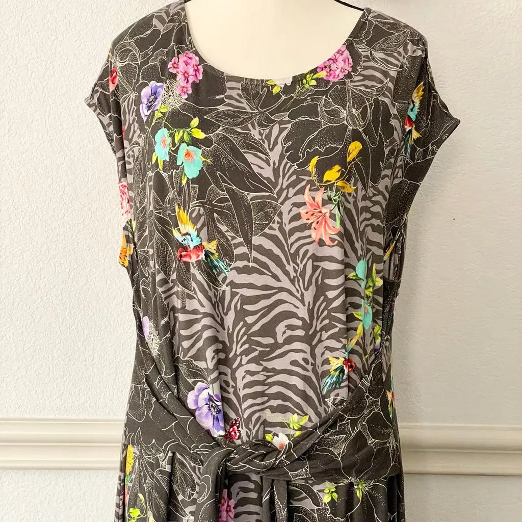 Johnny Was Zippy Tie Dress Flower Front Knit Floral Long Grey Dress XL Black NEW