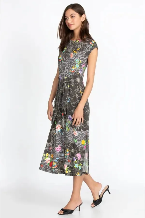 Johnny Was Zippy Tie Dress Flower Front Knit Floral Long Grey Dress XL Black NEW