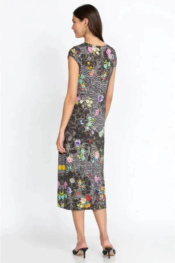 Johnny Was Zippy Tie Dress Flower Front Knit Floral Long Grey Dress XL Black NEW