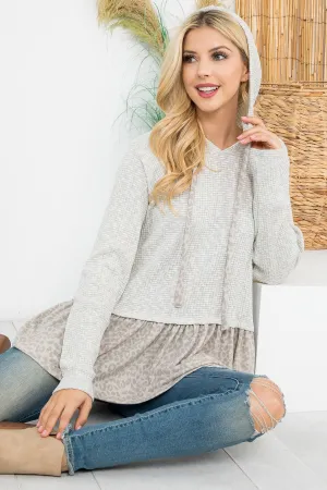 Leopard Hem Textured Hoodie Top