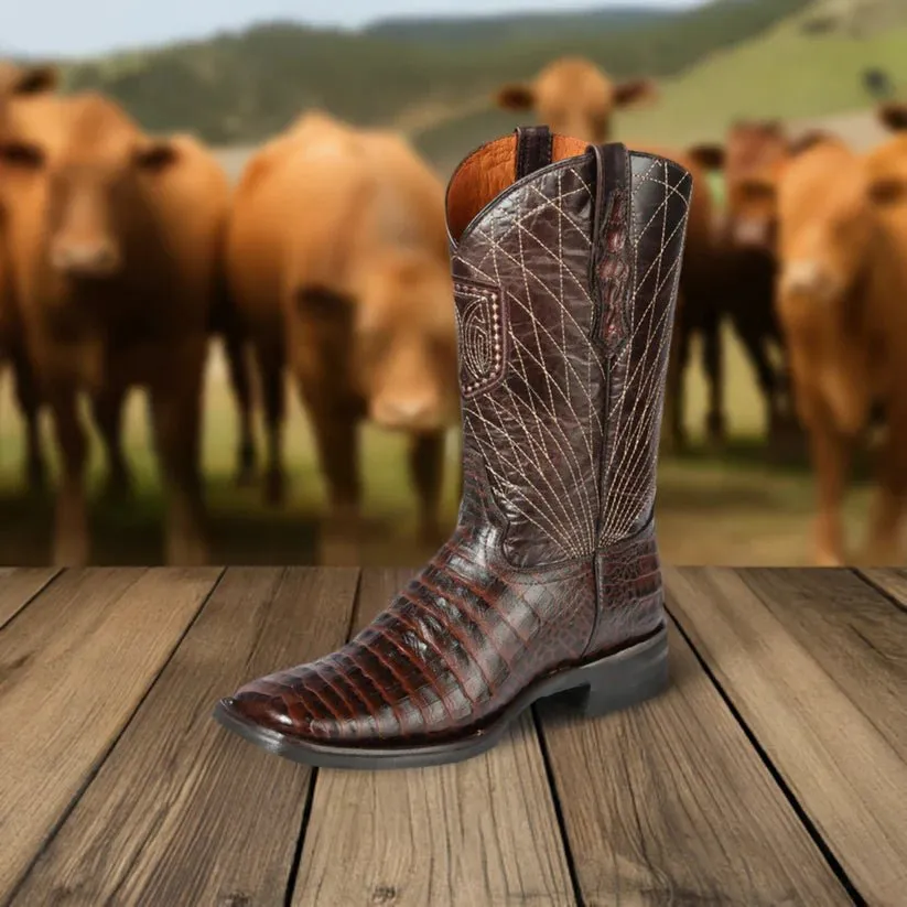 Men's Caiman Belly Print Cow Leather Western Cowboy Rodeo Boots 'El General' Coffee 44672