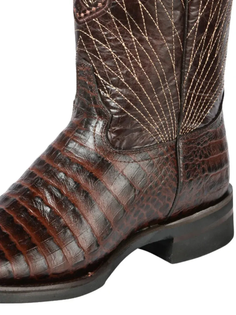 Men's Caiman Belly Print Cow Leather Western Cowboy Rodeo Boots 'El General' Coffee 44672