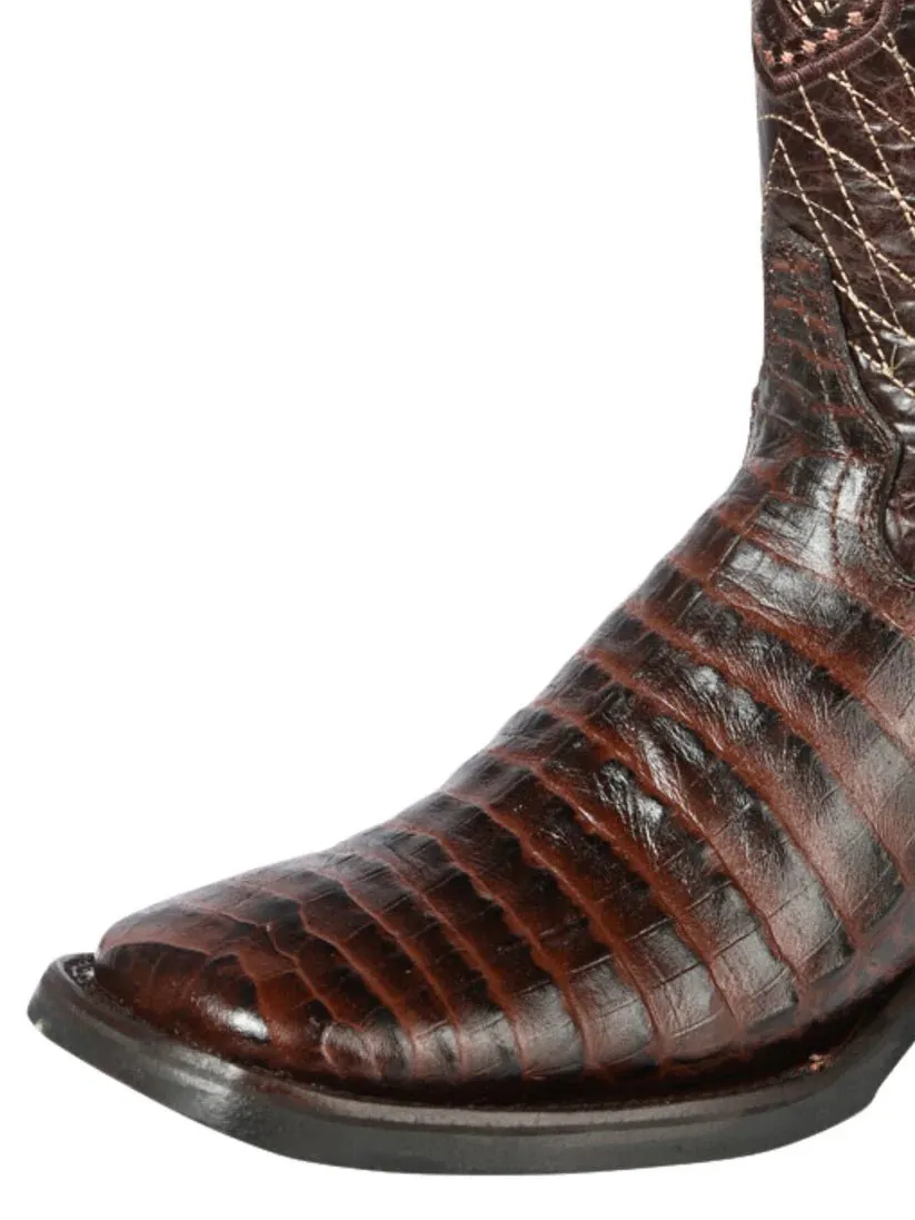 Men's Caiman Belly Print Cow Leather Western Cowboy Rodeo Boots 'El General' Coffee 44672
