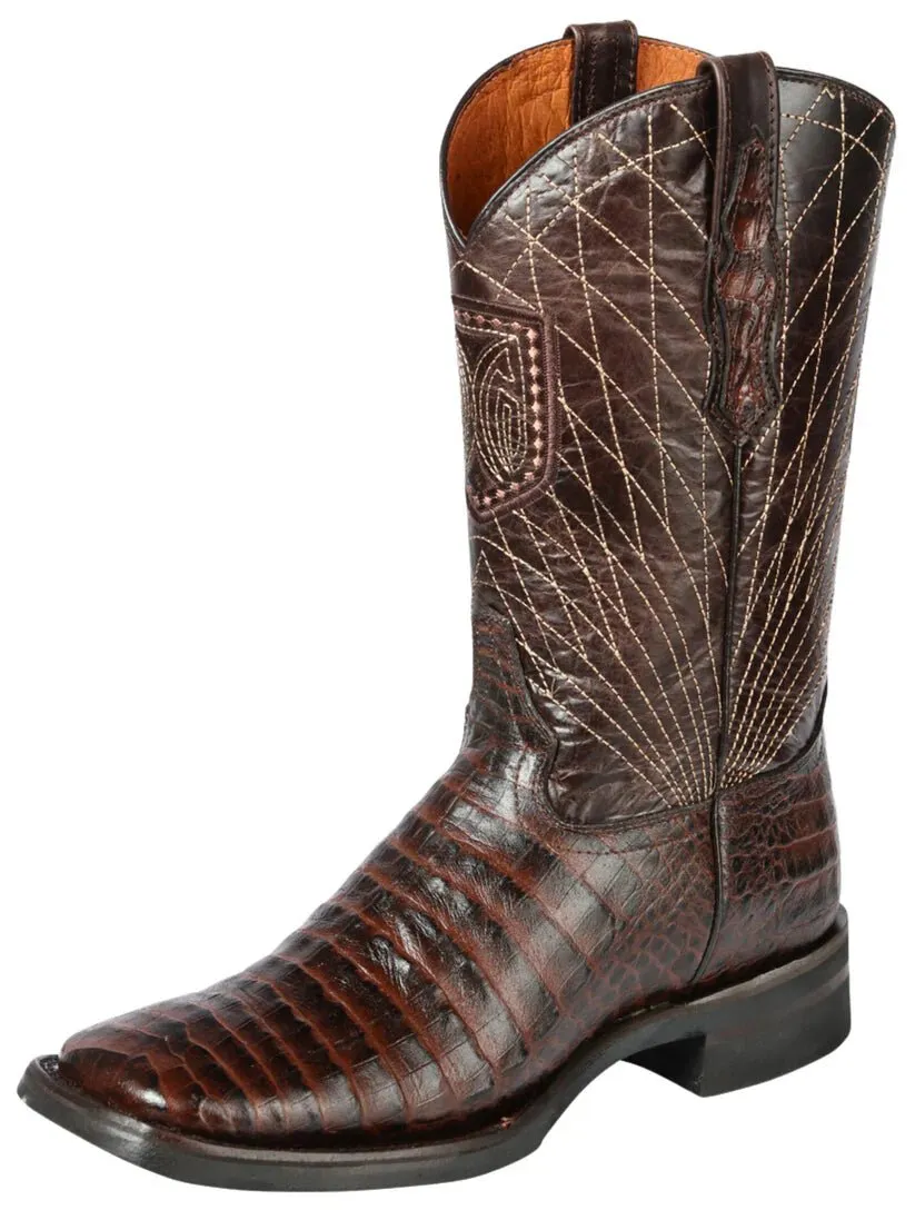 Men's Caiman Belly Print Cow Leather Western Cowboy Rodeo Boots 'El General' Coffee 44672