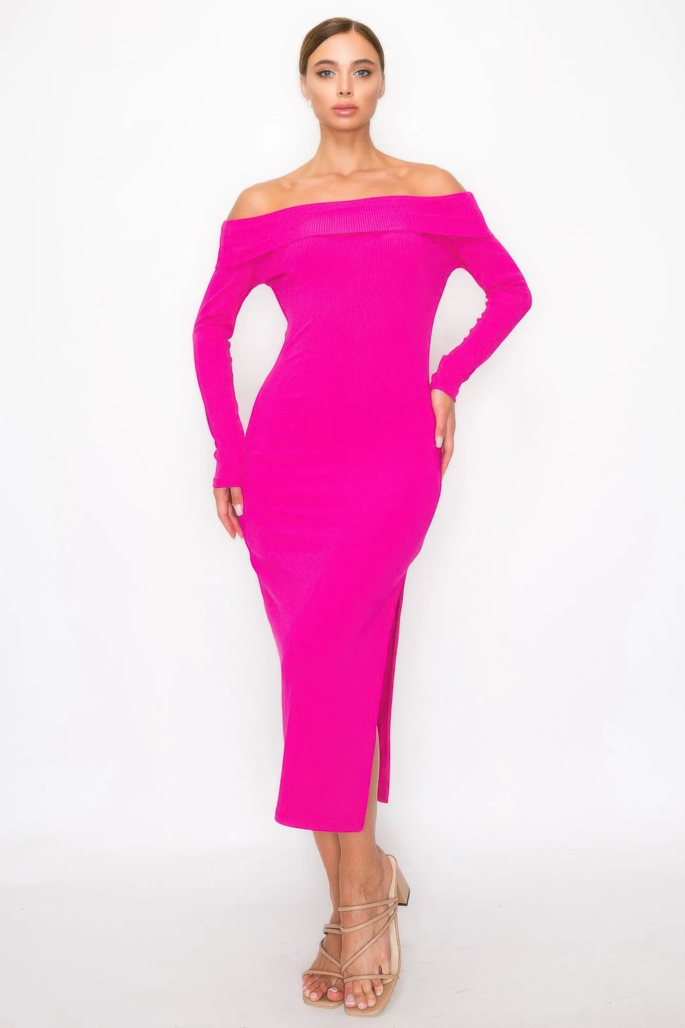 Off-shoulder Ribbed Midi Dress