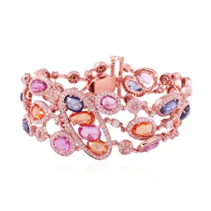 Oval Cut Rainbow Sapphire Pave Diamond Studded Fixed & Flexible Bracelet In 18K Rose Gold